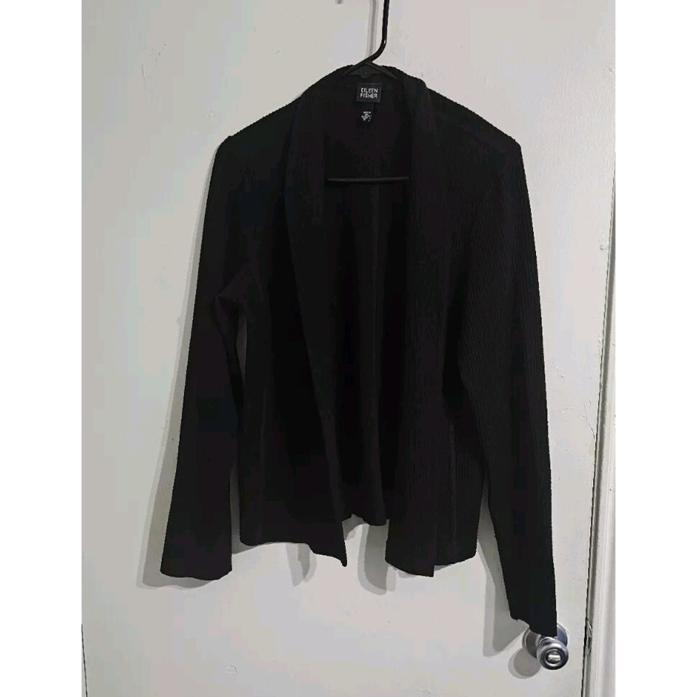 Eileen Fisher Cardigan Women Medium Open Front Black Italian Fabric Made In USA